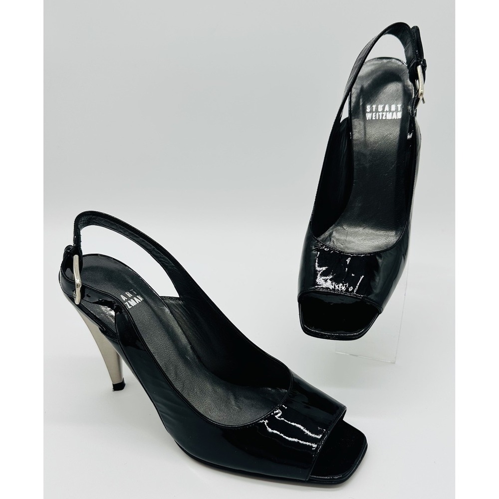 Stuart Weitzman Black Slingback Patent Leather Open Toe Heels Sz 7 N Elegant